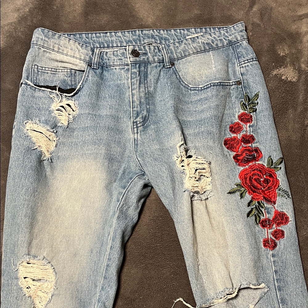 Young & Reckless Blue Jeans with Red Floral Design